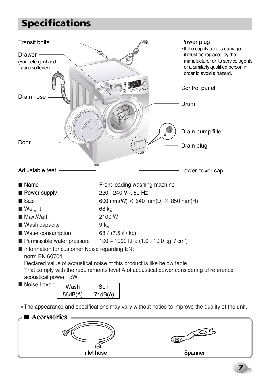 Specifications, Accessories | LG F1480FD9 User Manual | Page 7 / 40