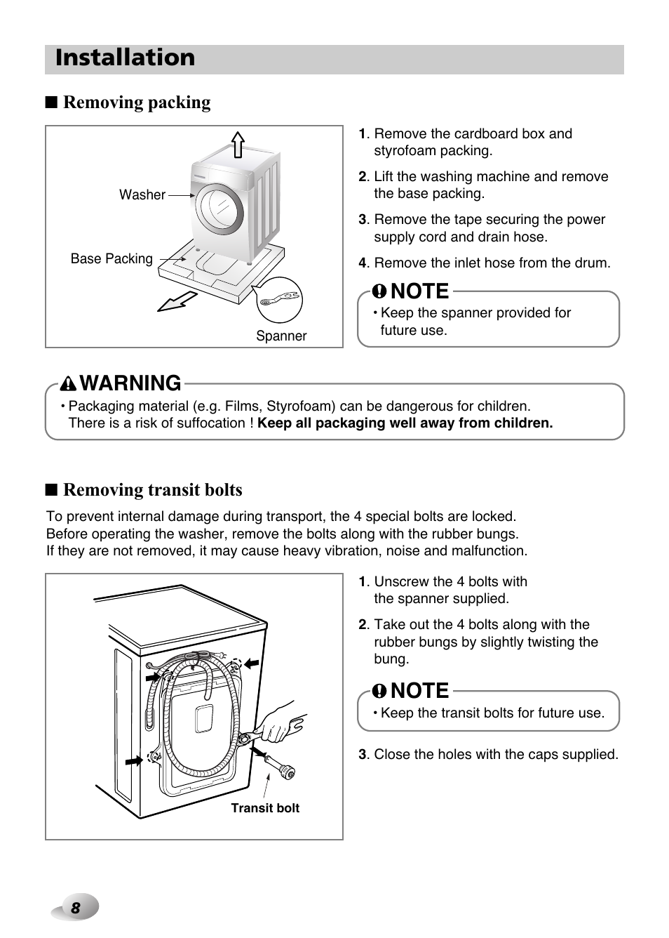 Installation, Warning, Removing packing | Removing transit bolts | LG F1480FD9 User Manual | Page 8 / 40