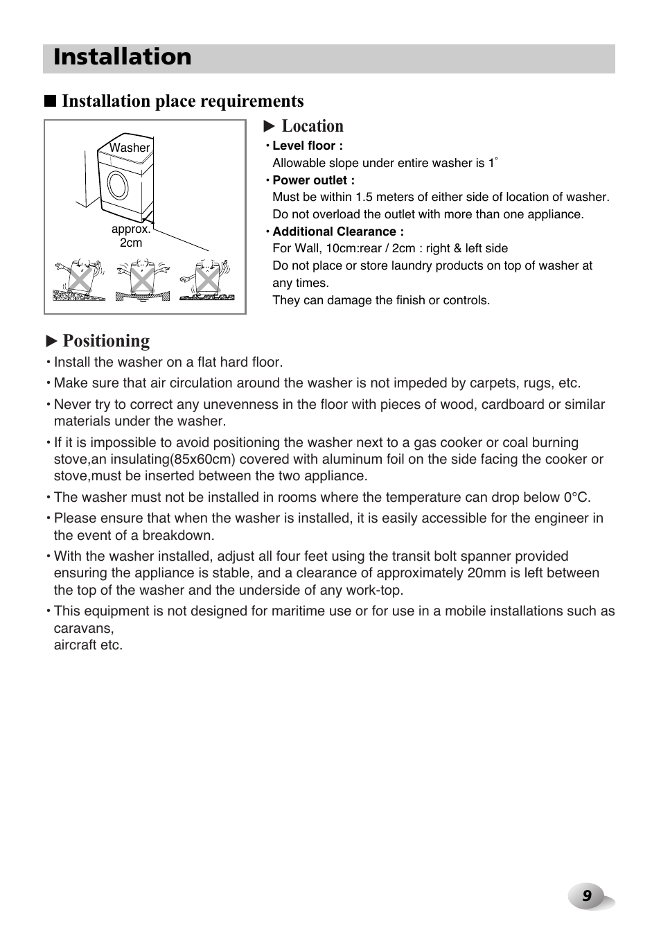 Installation | LG F1480FD9 User Manual | Page 9 / 40