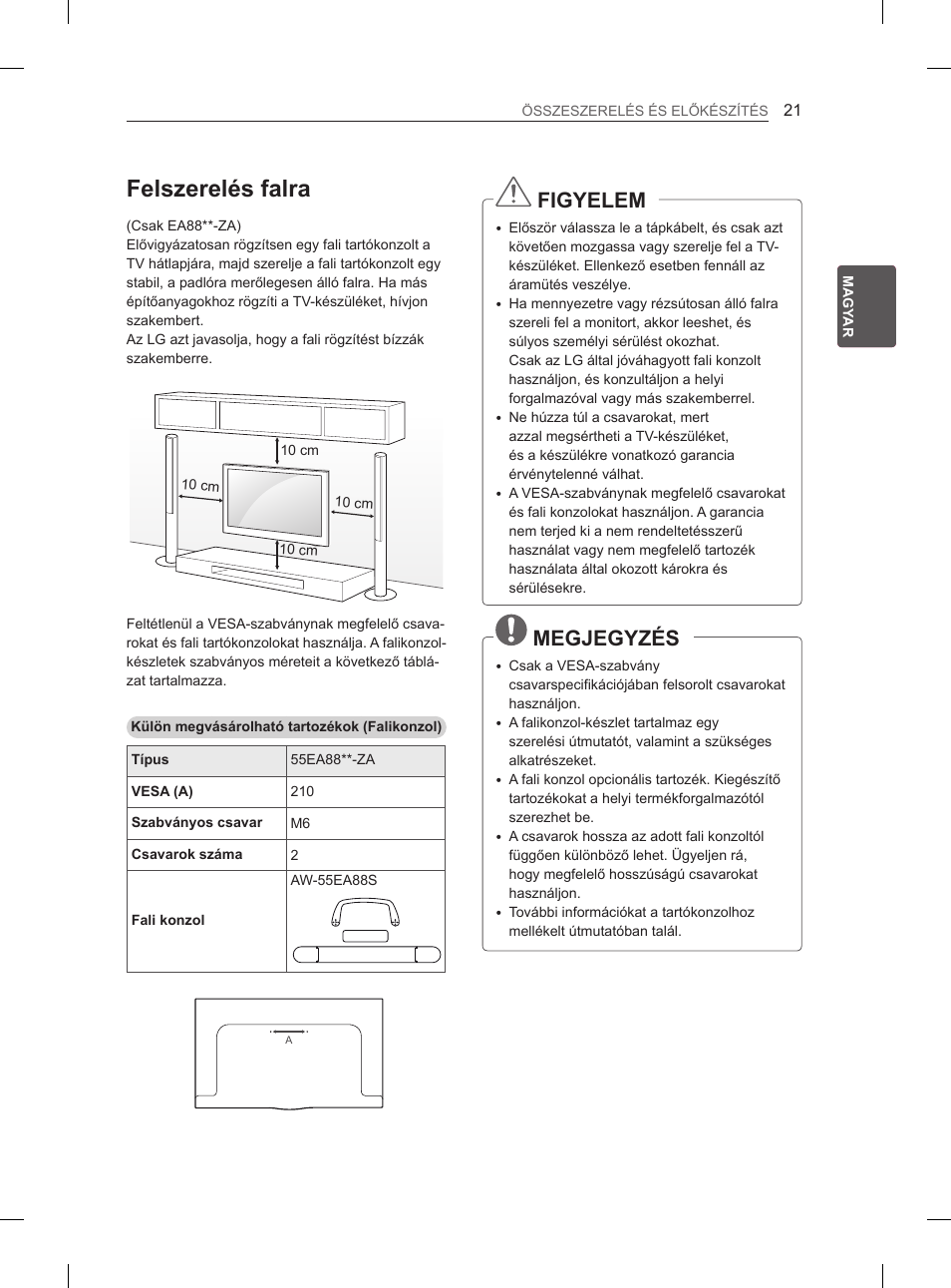 Felszerelés falra, Figyelem, Megjegyzés | LG 55EA970V User Manual | Page 107 / 544