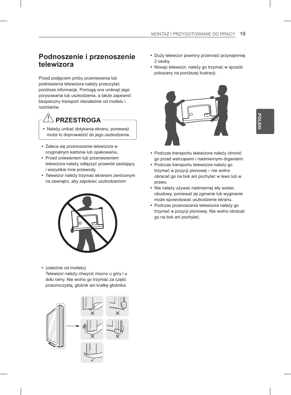 Podnoszenie i przenoszenie telewizora, Przestroga | LG 55EA970V User Manual | Page 135 / 544