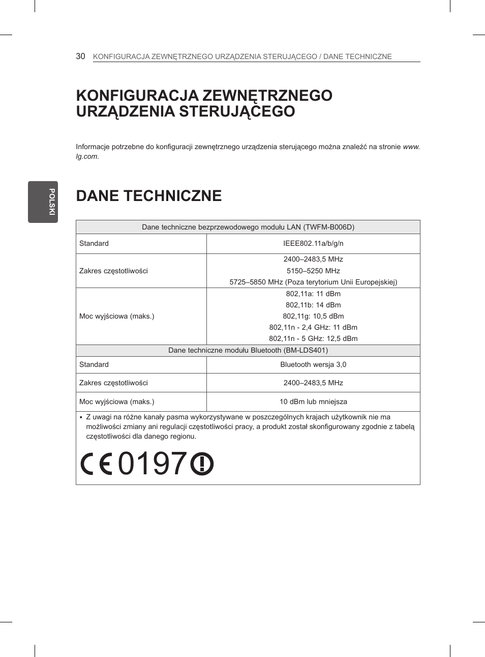 Konfiguracja zewnętrznego urządzenia sterującego, Dane techniczne | LG 55EA970V User Manual | Page 146 / 544