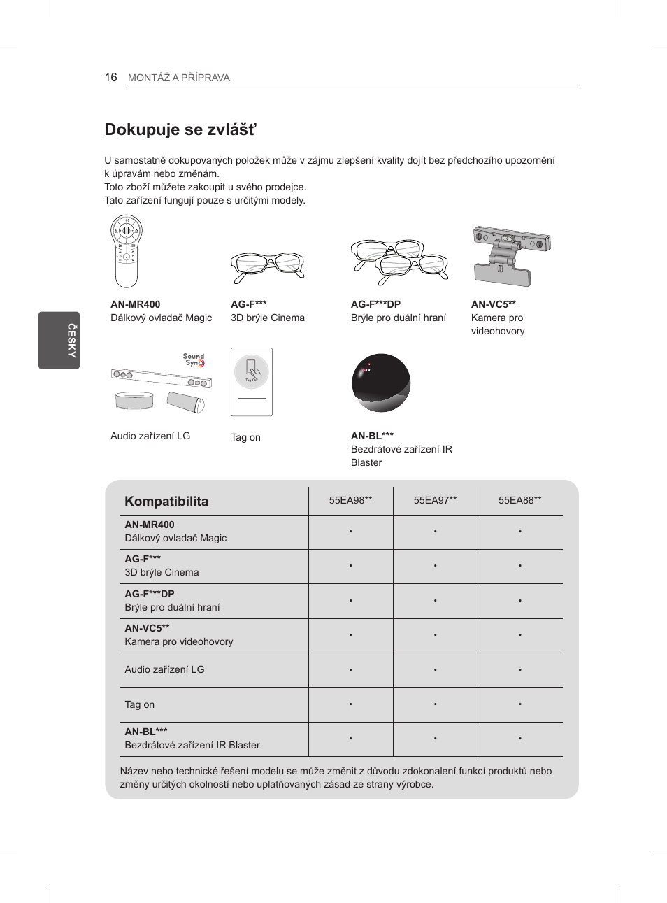 Dokupuje se zvlášť, Kompatibilita | LG 55EA970V User Manual | Page 162 / 544