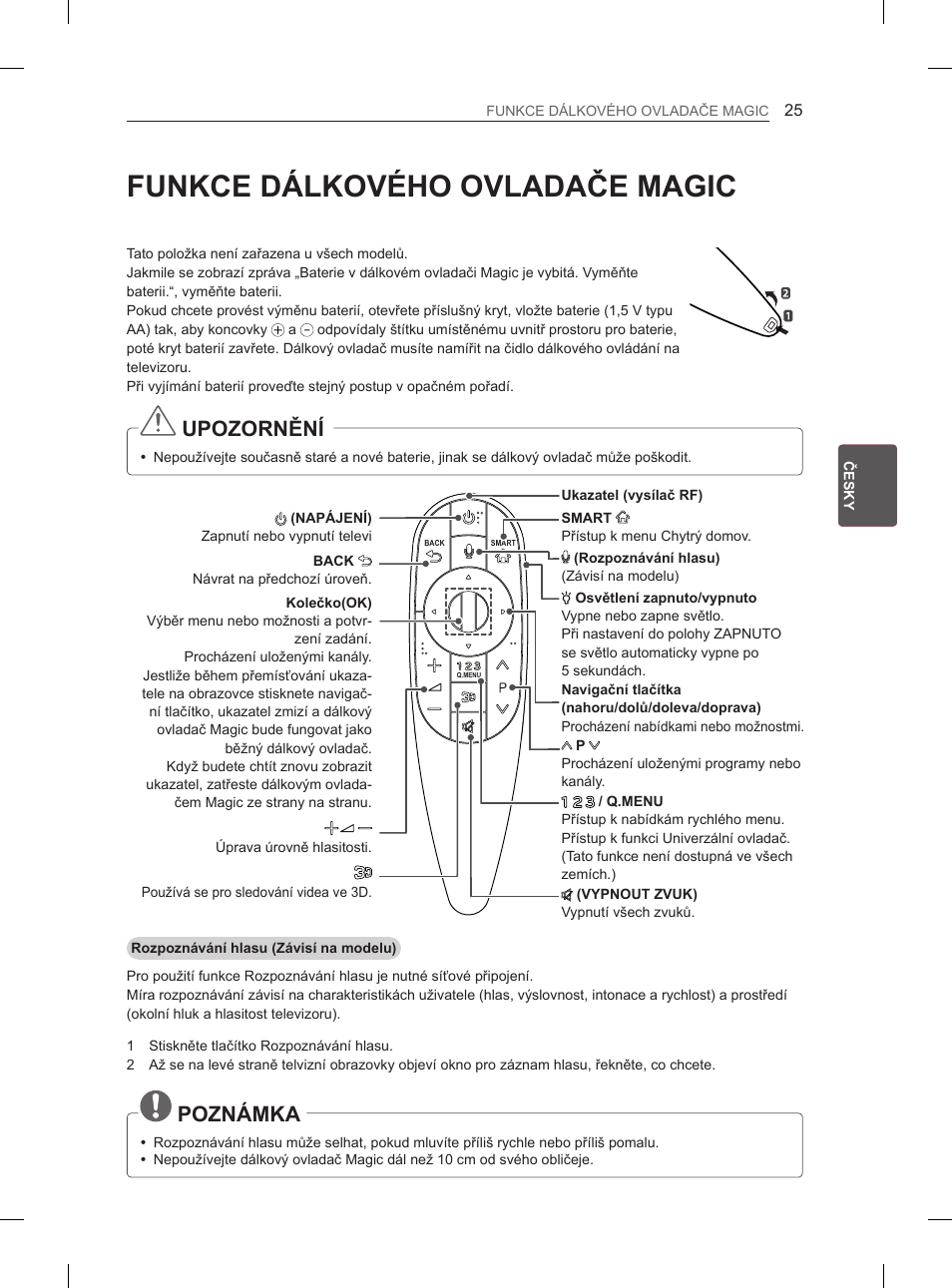 Funkce dálkového ovladače magic, Upozornění, Poznámka | LG 55EA970V User Manual | Page 171 / 544