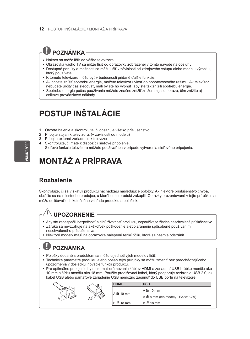 Postup inštalácie, Montáž a príprava, Rozbalenie | Poznámka, Upozornenie | LG 55EA970V User Manual | Page 188 / 544