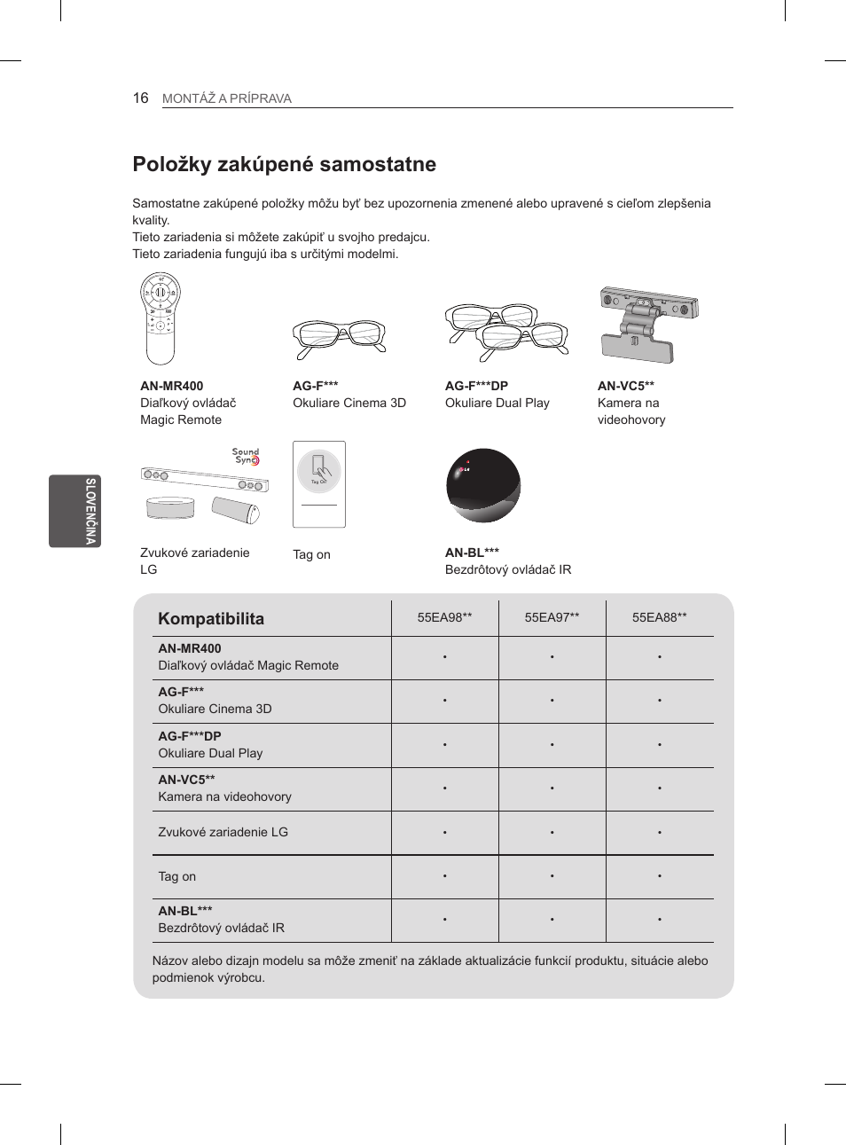 Položky zakúpené samostatne, Kompatibilita | LG 55EA970V User Manual | Page 192 / 544