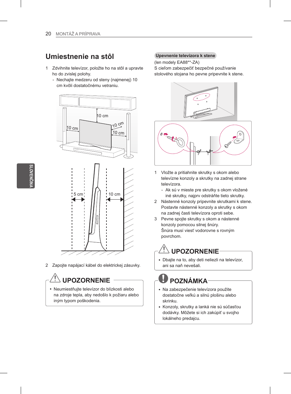 Umiestnenie na stôl, Upozornenie, Poznámka | LG 55EA970V User Manual | Page 196 / 544