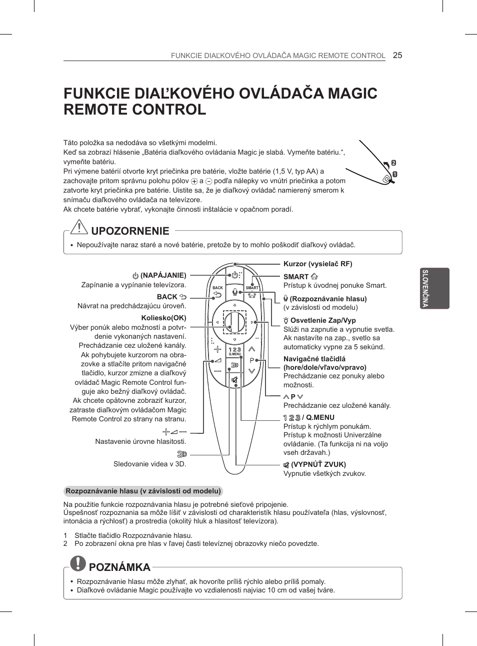 Funkcie diaľkového ovládača magic remote control, Upozornenie, Poznámka | LG 55EA970V User Manual | Page 201 / 544