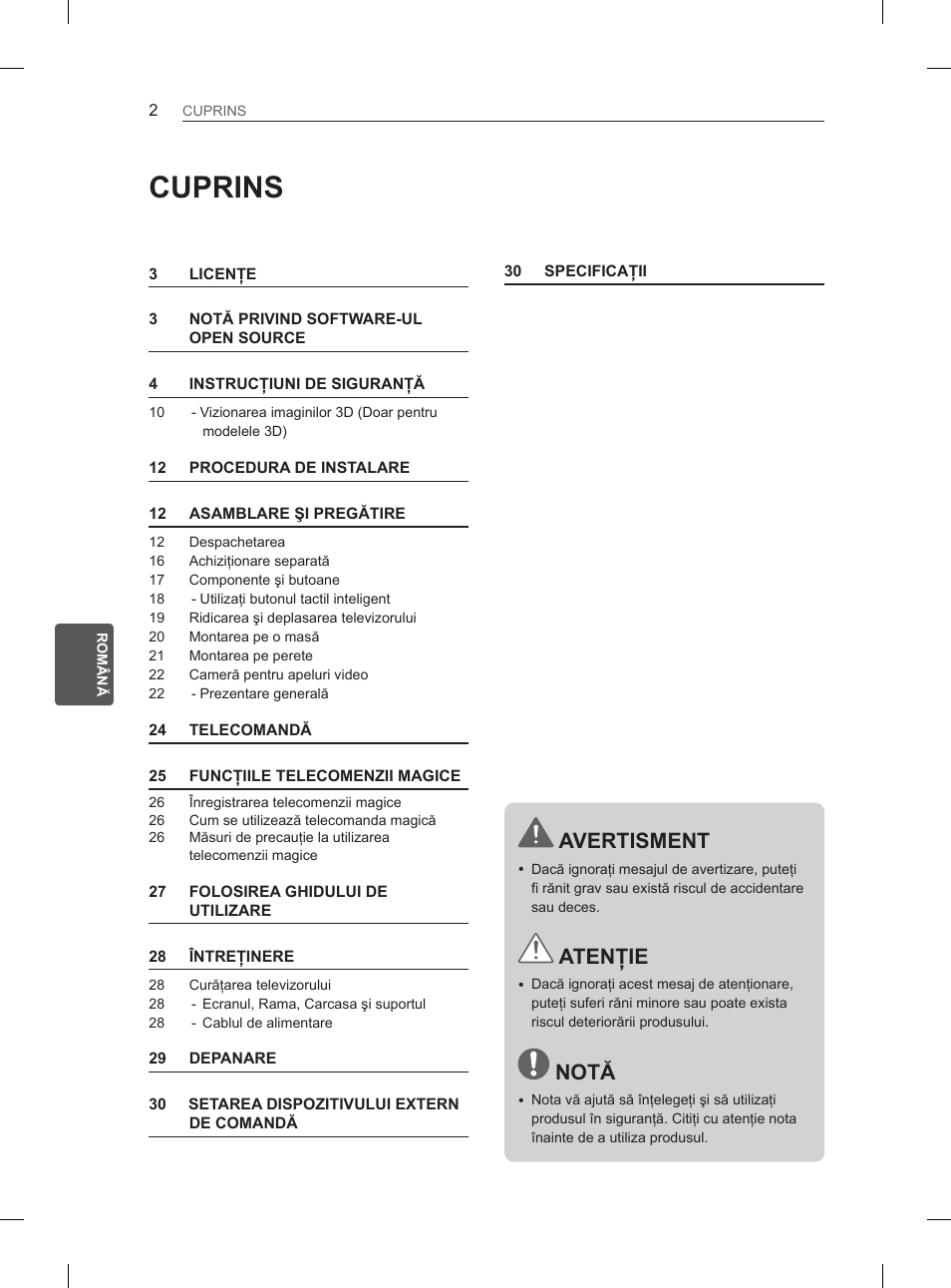 Cuprins, Avertisment, Atenţie | Notă | LG 55EA970V User Manual | Page 208 / 544