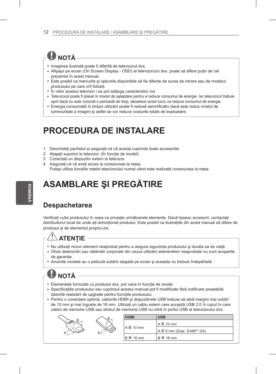 Procedura de instalare, Asamblare şi pregătire, Despachetarea | Notă, Atenţie | LG 55EA970V User Manual | Page 218 / 544