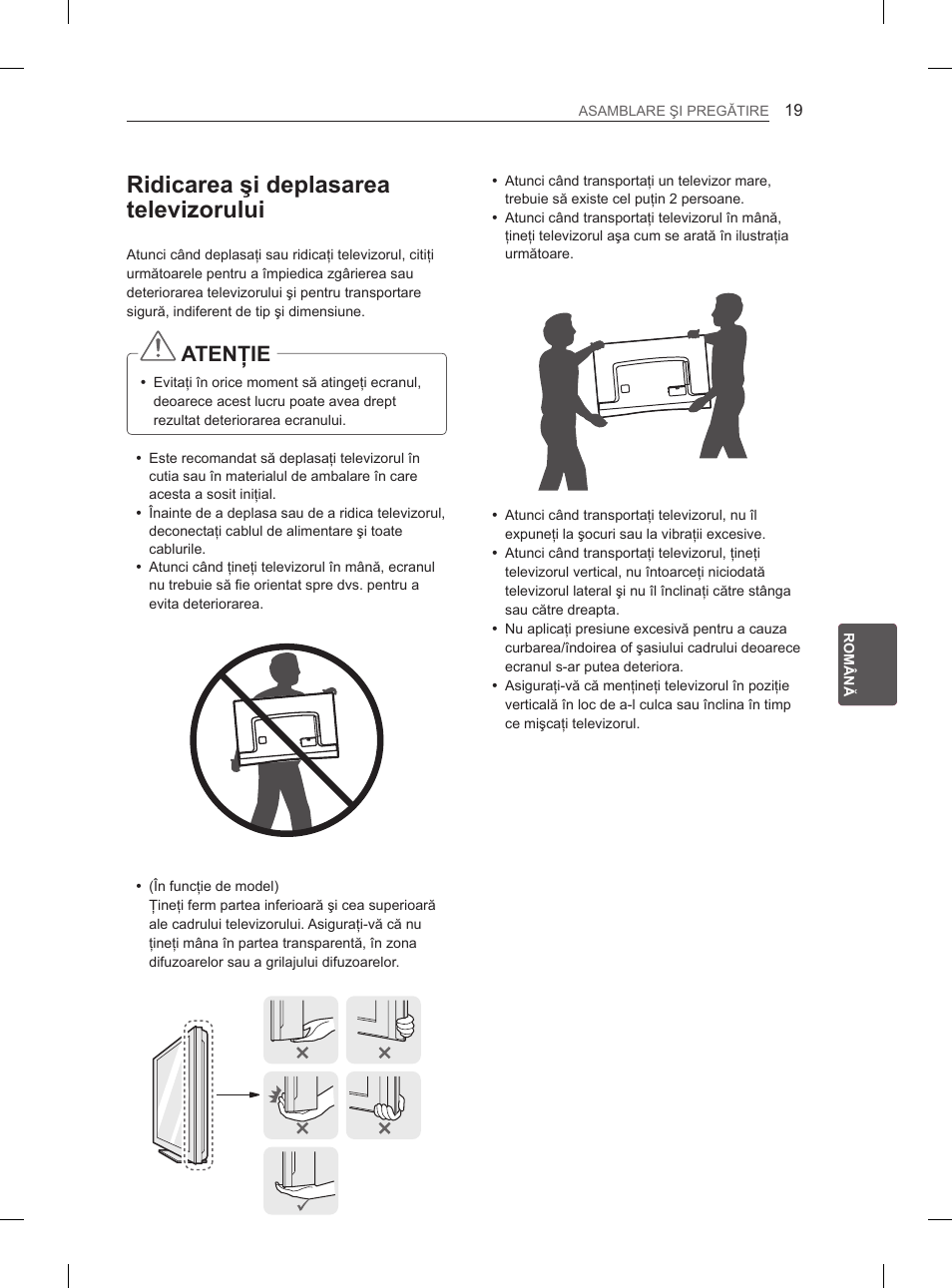 Ridicarea şi deplasarea televizorului, Atenţie | LG 55EA970V User Manual | Page 225 / 544