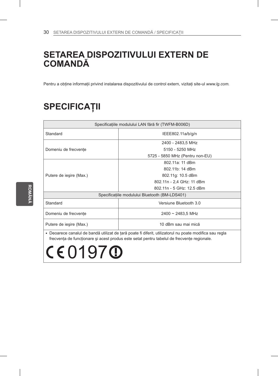 Setarea dispozitivului extern de comandă, Specificaţii | LG 55EA970V User Manual | Page 236 / 544