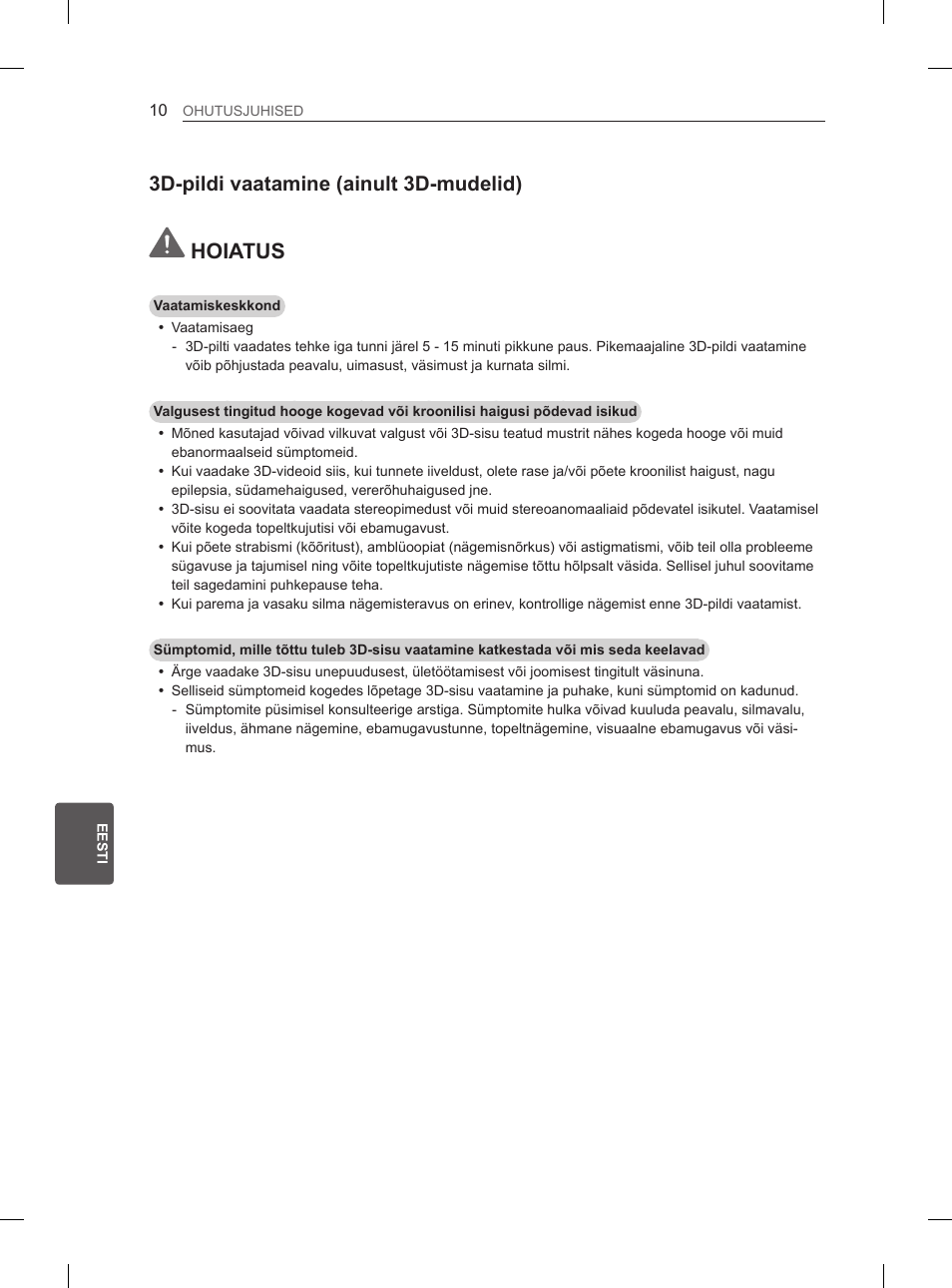Hoiatus, 3d-pildi vaatamine (ainult 3d-mudelid) | LG 55EA970V User Manual | Page 276 / 544