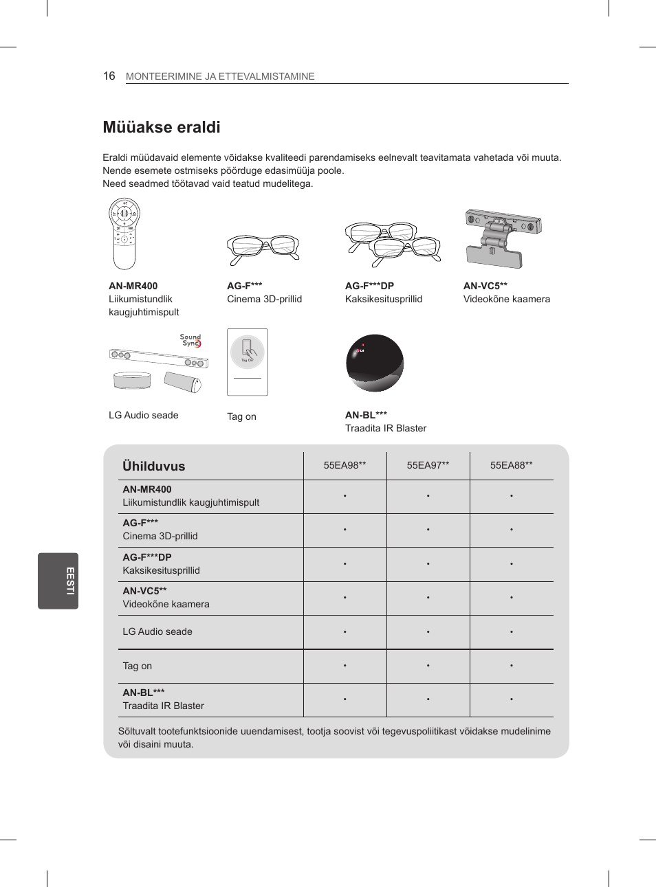 Müüakse eraldi, Ühilduvus | LG 55EA970V User Manual | Page 282 / 544