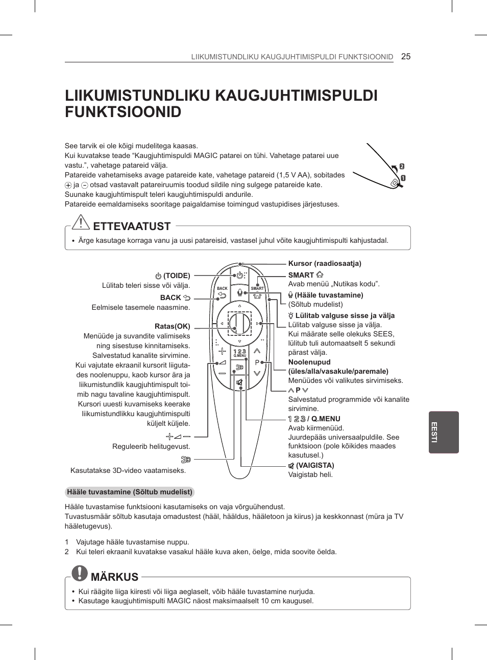 Liikumistundliku kaugjuhtimispuldi funktsioonid, Ettevaatust, Märkus | LG 55EA970V User Manual | Page 291 / 544