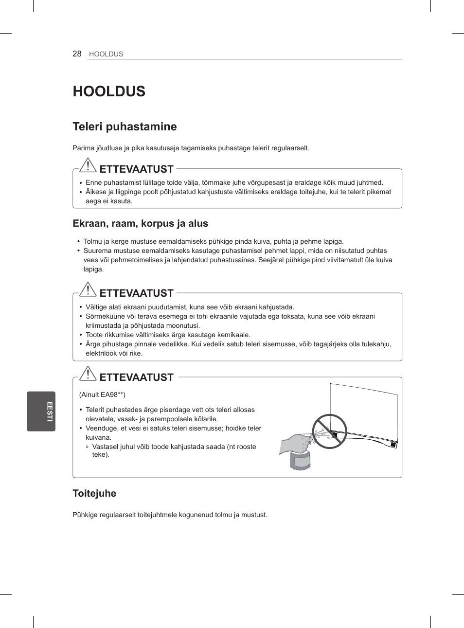 Hooldus, Teleri puhastamine, Ettevaatust | Ekraan, raam, korpus ja alus, Toitejuhe | LG 55EA970V User Manual | Page 294 / 544