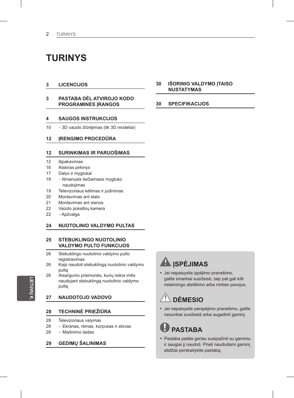 Turinys, Įspėjimas, Dėmesio | Pastaba | LG 55EA970V User Manual | Page 298 / 544