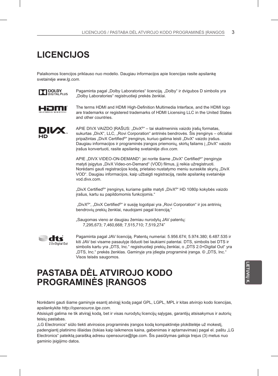 Licencijos, Pastaba dėl atvirojo kodo programinės įrangos | LG 55EA970V User Manual | Page 299 / 544