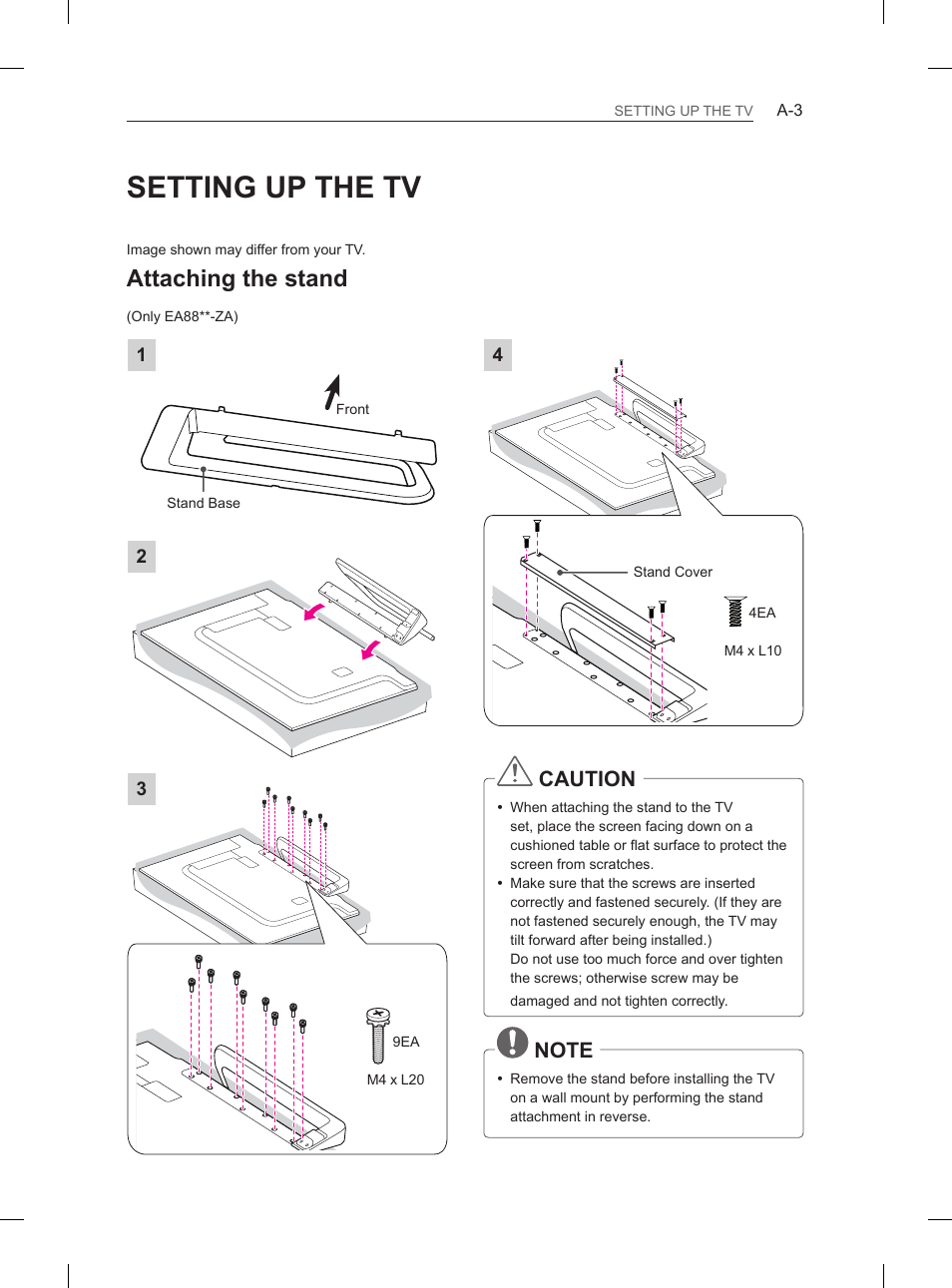 Setting up the tv, Attaching the stand, Caution | LG 55EA970V User Manual | Page 3 / 544