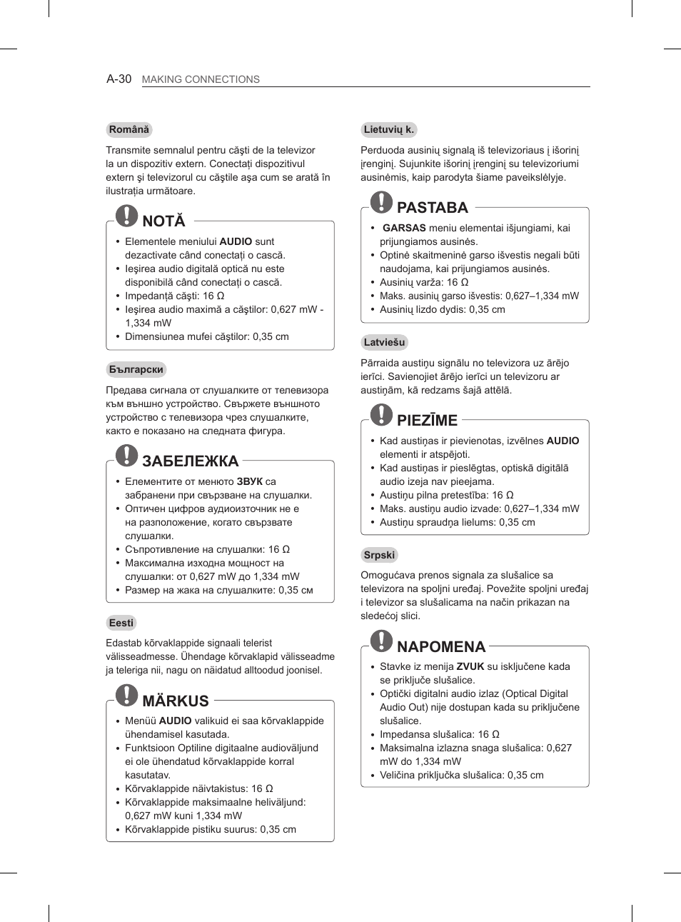 Notă, Забележка, Märkus | Pastaba, Piezīme, Napomena | LG 55EA970V User Manual | Page 30 / 544