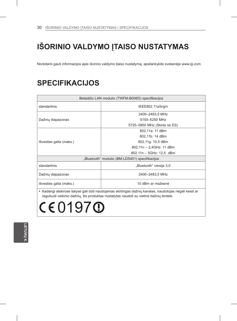 Išorinio valdymo įtaiso nustatymas, Specifikacijos | LG 55EA970V User Manual | Page 326 / 544