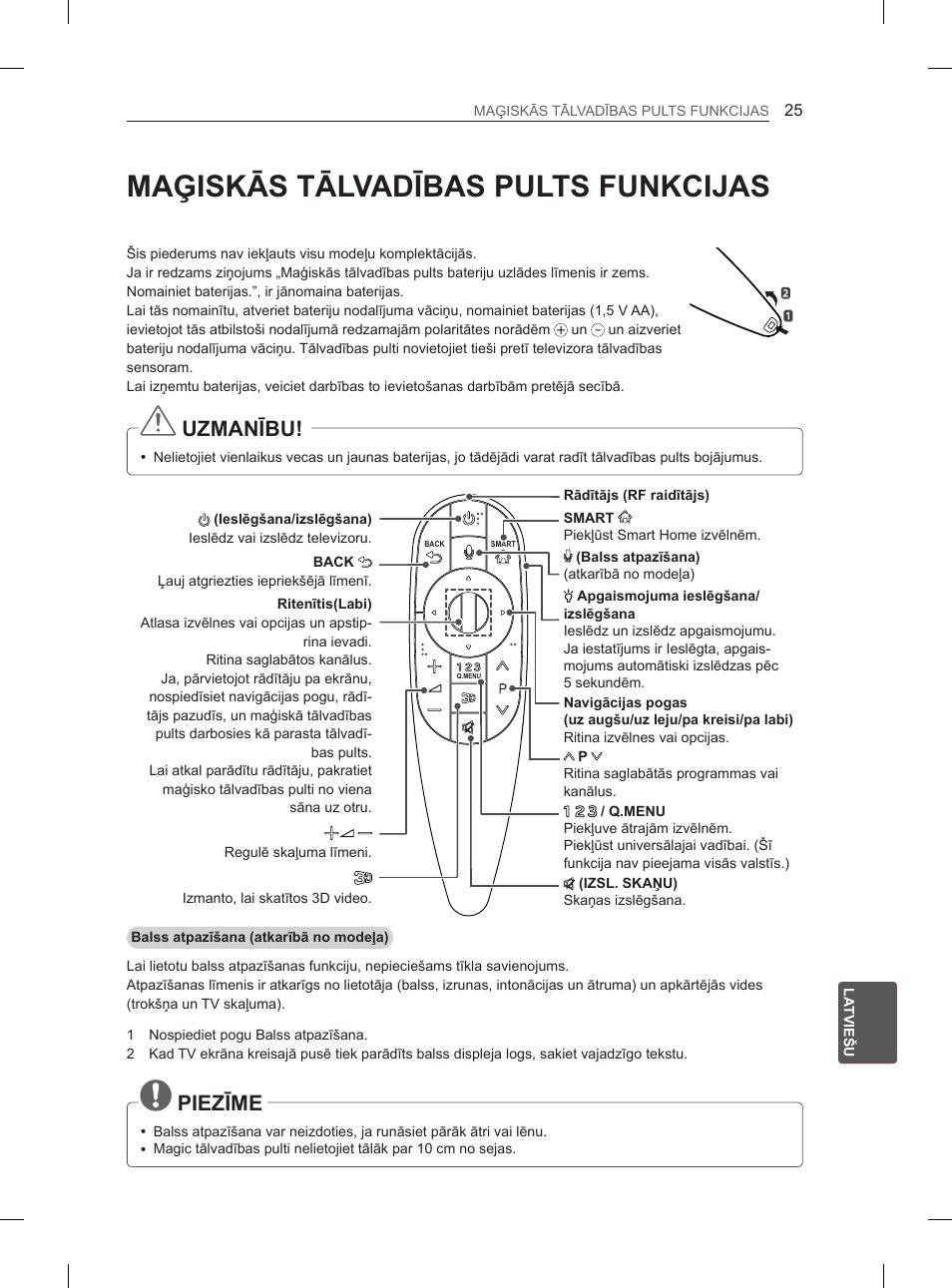 Maģiskās tālvadības pults funkcijas, Uzmanību, Piezīme | LG 55EA970V User Manual | Page 351 / 544