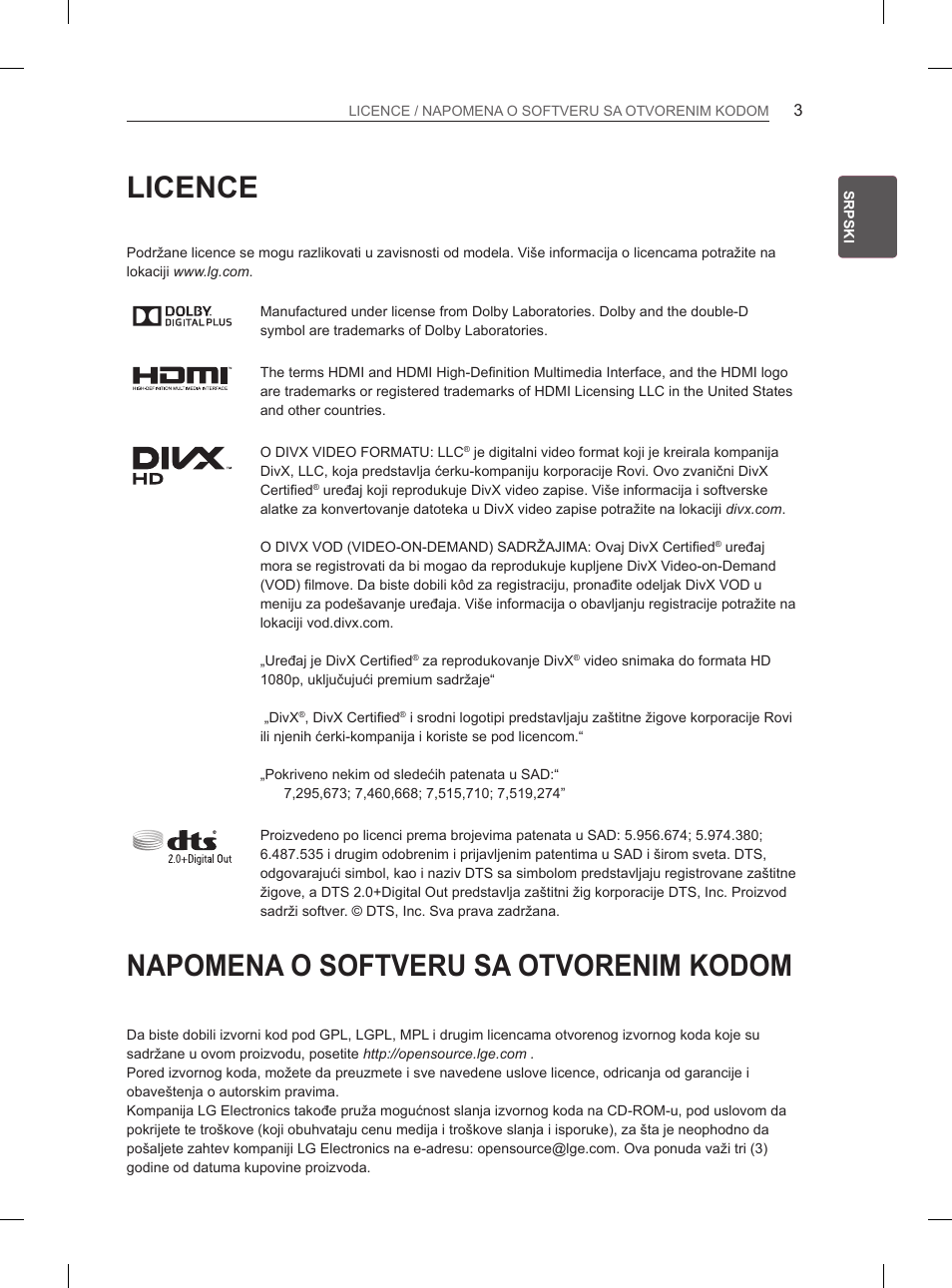 Licence, Napomena o softveru sa otvorenim kodom | LG 55EA970V User Manual | Page 359 / 544