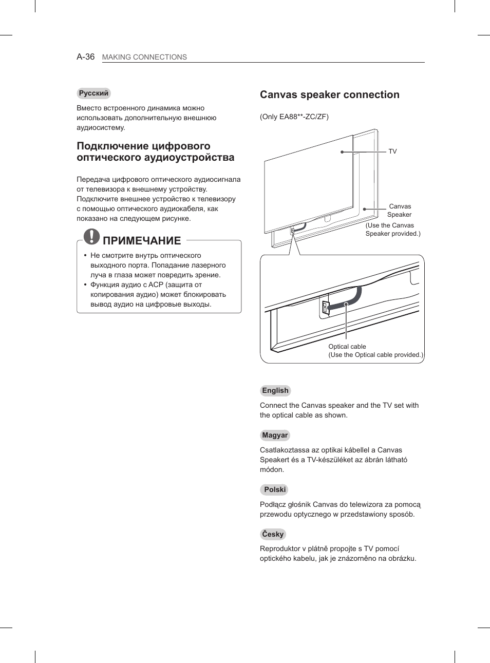 Примечание, Canvas speaker connection, Подключение цифрового оптического аудиоустройства | LG 55EA970V User Manual | Page 36 / 544