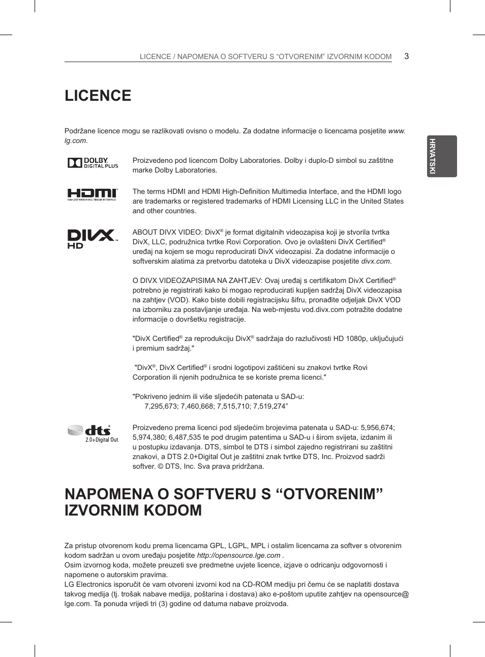 Licence, Napomena o softveru s “otvorenim” izvornim kodom | LG 55EA970V User Manual | Page 389 / 544