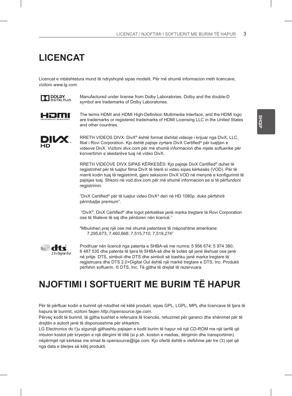 Licencat, Njoftimi i softuerit me burim të hapur | LG 55EA970V User Manual | Page 419 / 544