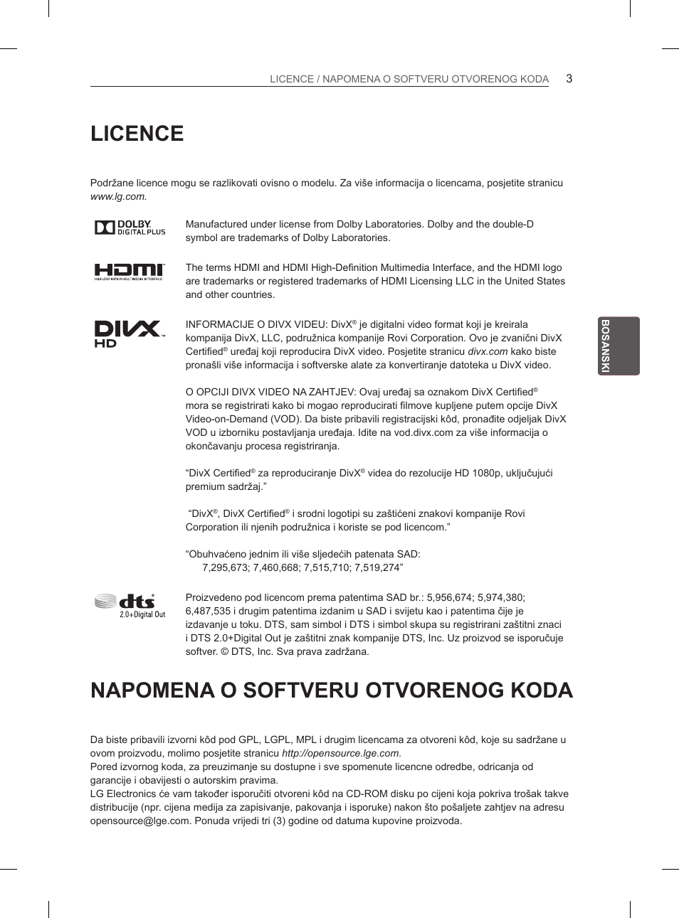 Licence, Napomena o softveru otvorenog koda | LG 55EA970V User Manual | Page 449 / 544