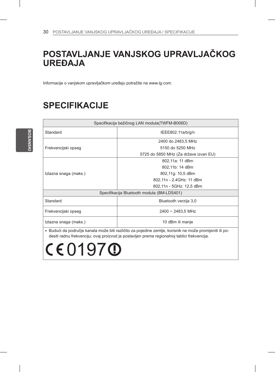 Postavljanje vanjskog upravljačkog uređaja, Specifikacije | LG 55EA970V User Manual | Page 476 / 544