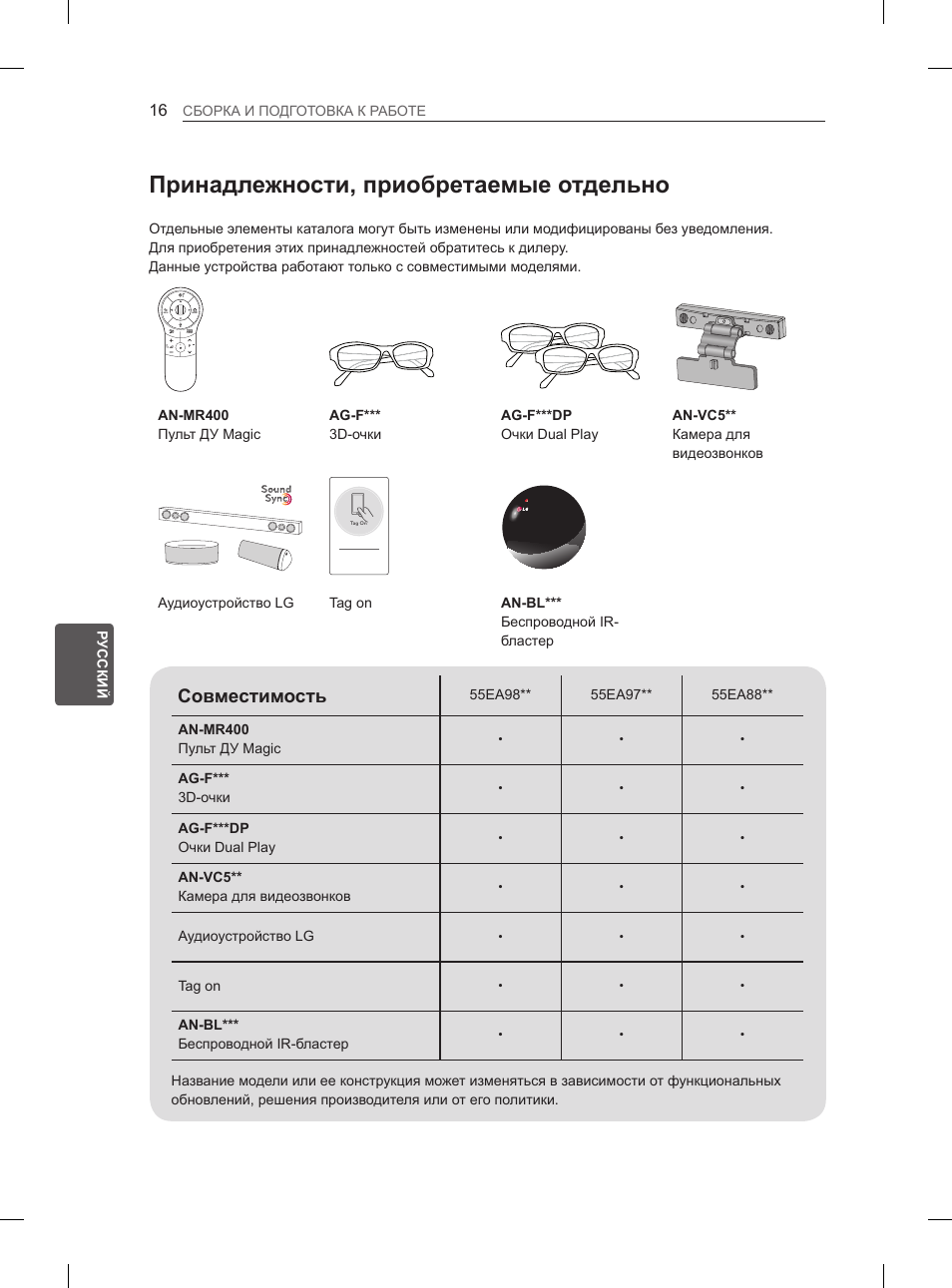 Принадлежности, приобретаемые отдельно, Совместимость | LG 55EA970V User Manual | Page 522 / 544