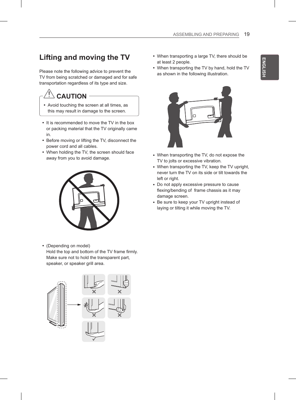 Lifting and moving the tv, Caution | LG 55EA970V User Manual | Page 75 / 544