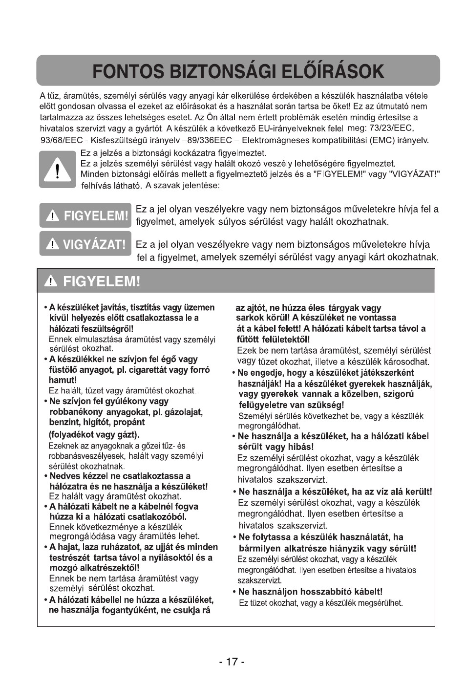 Figyelem | LG V-CP983STQB User Manual | Page 18 / 41