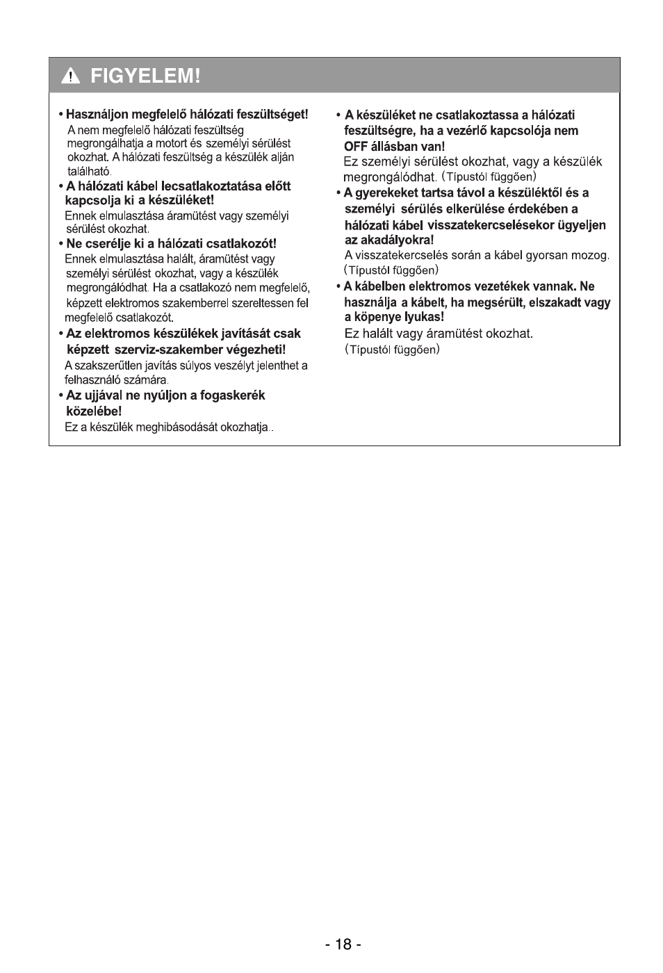 Figyelem | LG V-CP983STQB User Manual | Page 19 / 41