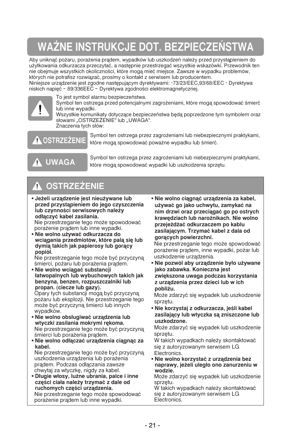 Wa˚ne instrukcje dot. bezpiecze¡stwa, Ostrze˚enie, Uwaga | LG V-CP983STQB User Manual | Page 22 / 41
