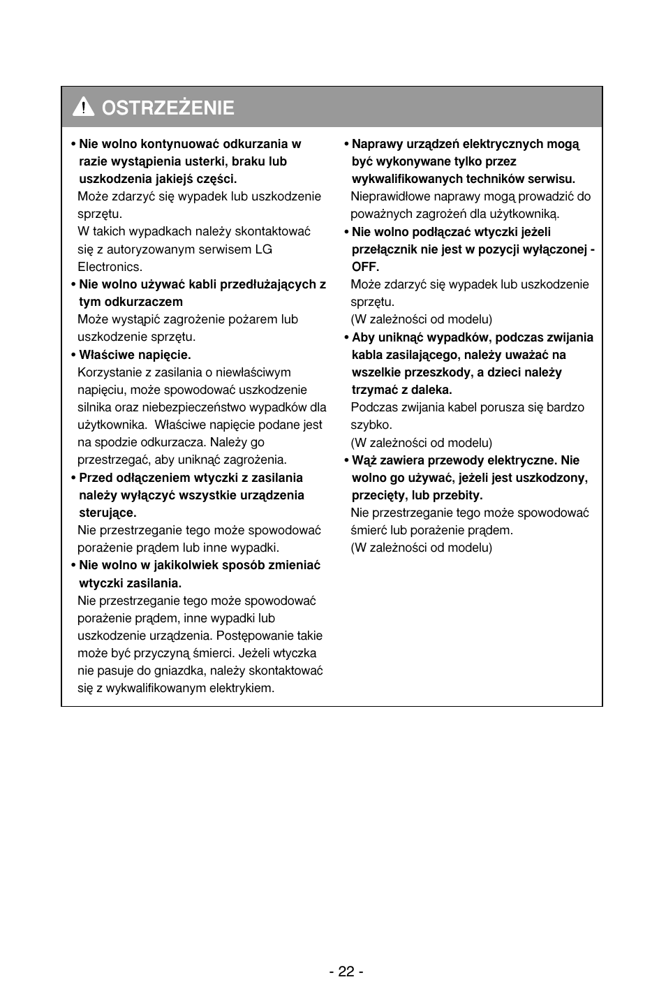 Ostrze˚enie | LG V-CP983STQB User Manual | Page 23 / 41