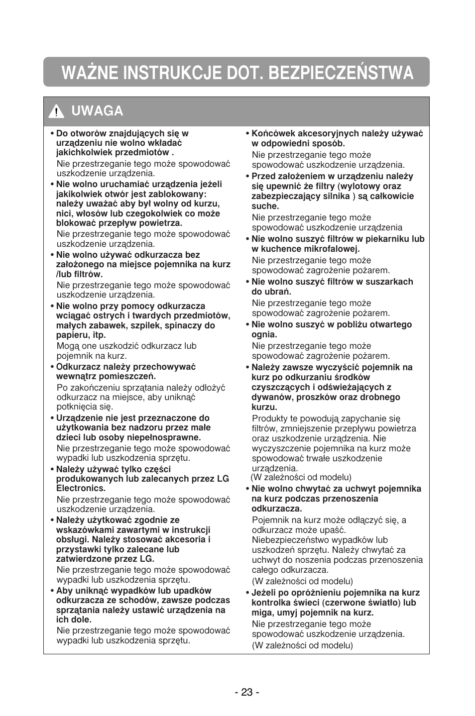 Wa˚ne instrukcje dot. bezpiecze¡stwa, Uwaga | LG V-CP983STQB User Manual | Page 24 / 41