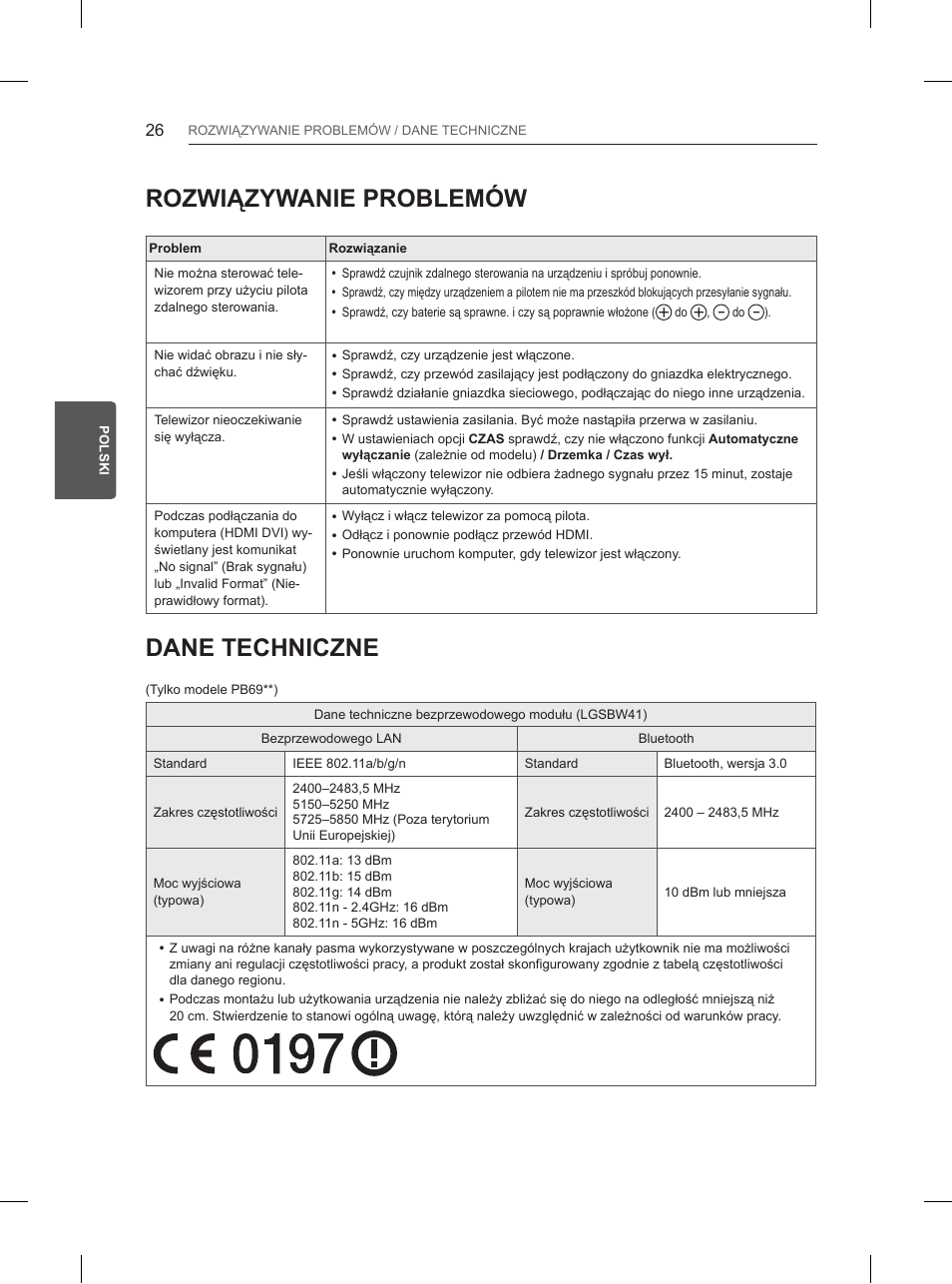 Rozwiązywanie problemów, Dane techniczne | LG 50PB660V User Manual | Page 105 / 447