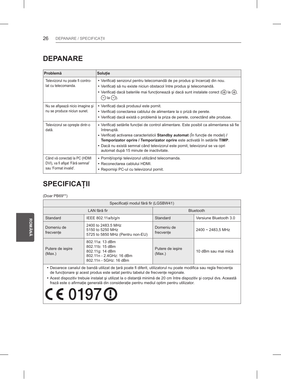 Depanare, Specificaţii | LG 50PB660V User Manual | Page 183 / 447