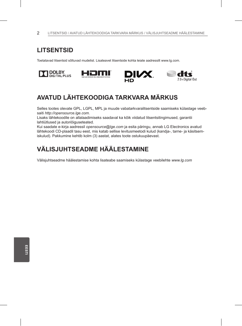 Litsentsid, Avatud lähtekoodiga tarkvara märkus, Välisjuhtseadme häälestamine | LG 50PB660V User Manual | Page 211 / 447