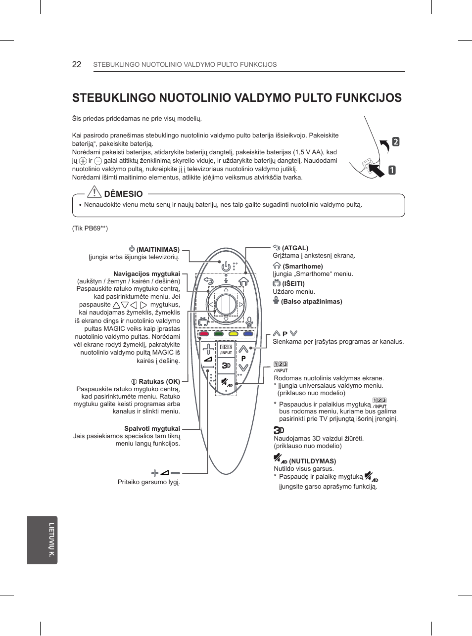 Stebuklingo nuotolinio valdymo pulto funkcijos, Dėmesio | LG 50PB660V User Manual | Page 257 / 447