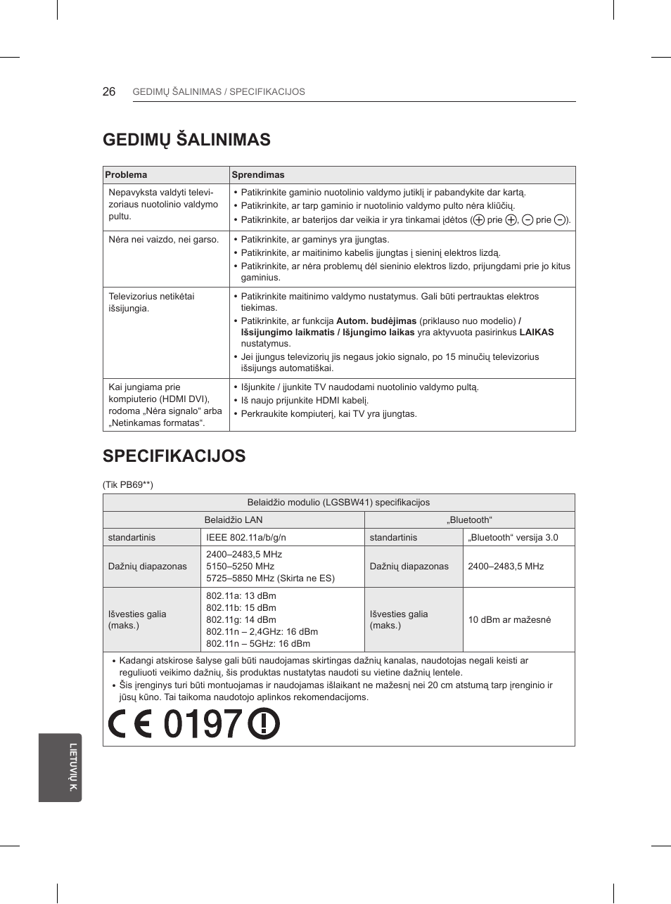 Gedimų šalinimas, Specifikacijos | LG 50PB660V User Manual | Page 261 / 447