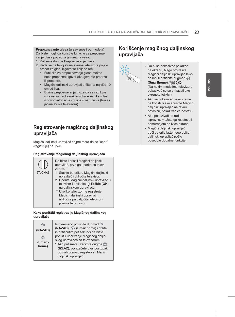 Registrovanje magičnog daljinskog upravljača, Korišćenje magičnog daljinskog upravljača | LG 50PB660V User Manual | Page 310 / 447