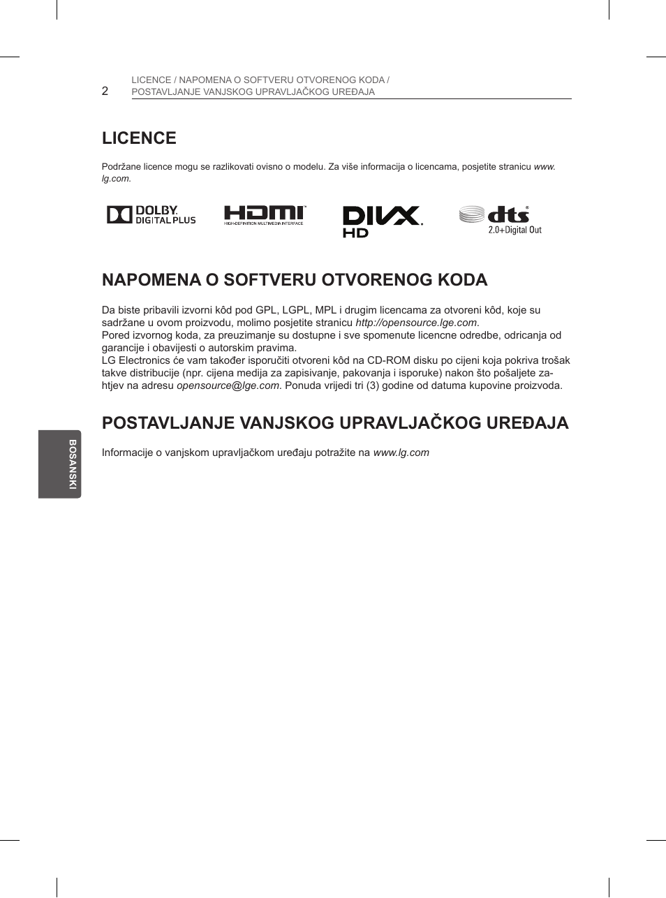 Licence, Napomena o softveru otvorenog koda, Postavljanje vanjskog upravljačkog uređaja | LG 50PB660V User Manual | Page 367 / 447