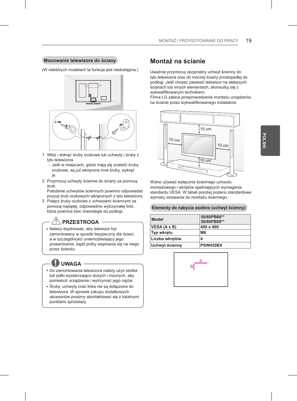 Montaż na ścianie | LG 50PB660V User Manual | Page 98 / 447