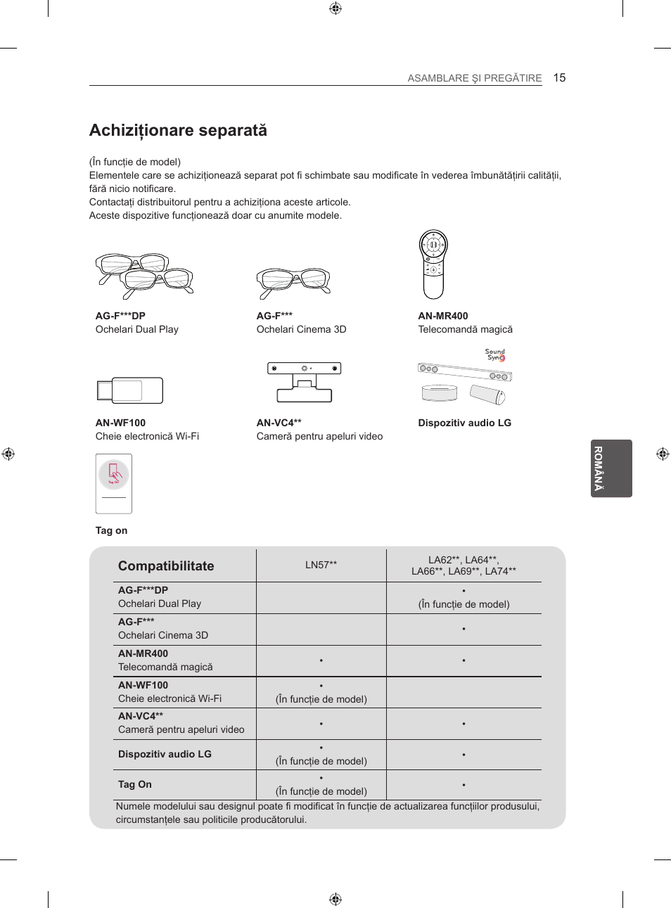 Achiziţionare separată, Compatibilitate | LG 60LN575S User Manual | Page 174 / 555