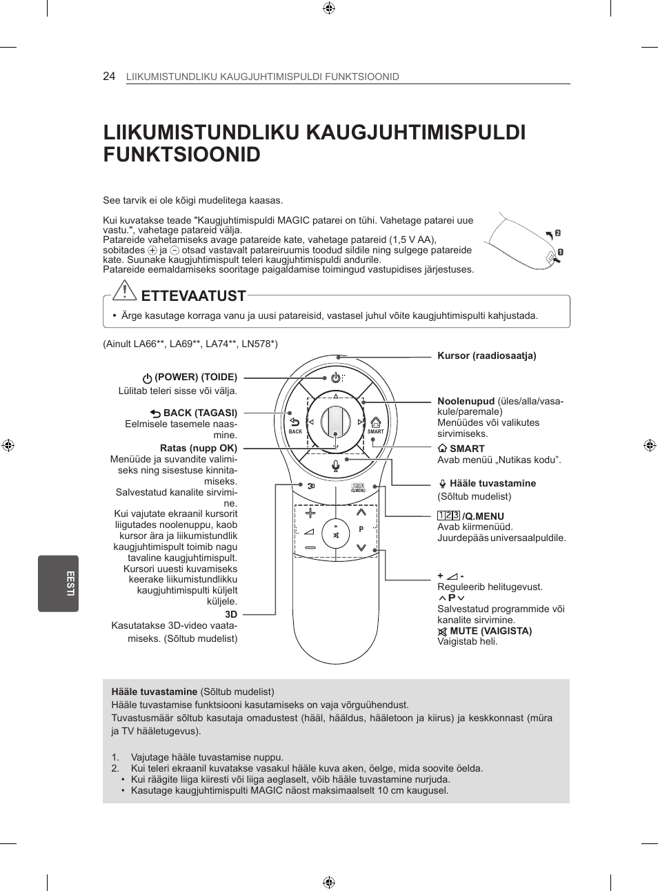 Liikumistundliku kaugjuhtimispuldi funktsioonid, Ettevaatust | LG 60LN575S User Manual | Page 243 / 555