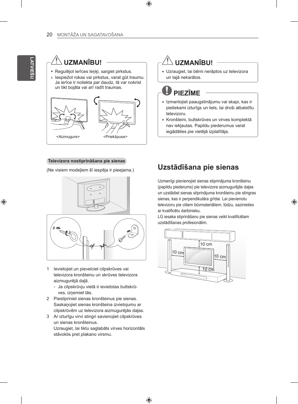 Uzstādīšana pie sienas, Uzmanību, Piezīme | LG 60LN575S User Manual | Page 299 / 555